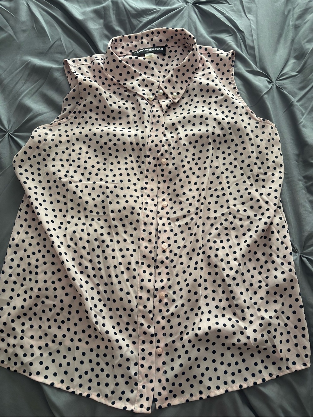 Karl Lagerfeld Paris Polka Dot Pearl Collar Blouse Size L